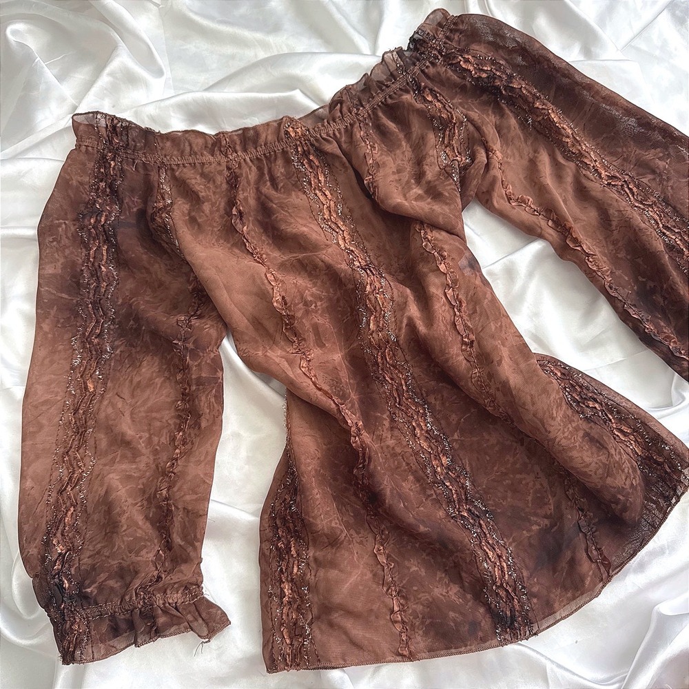 Atmosphere Brown Marble Sheer Mesh Off Shoulder Ruffle Blouse Small
